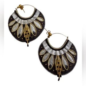 #753 Embroidered Hoop Earrings | Black Gold Silver Statement
